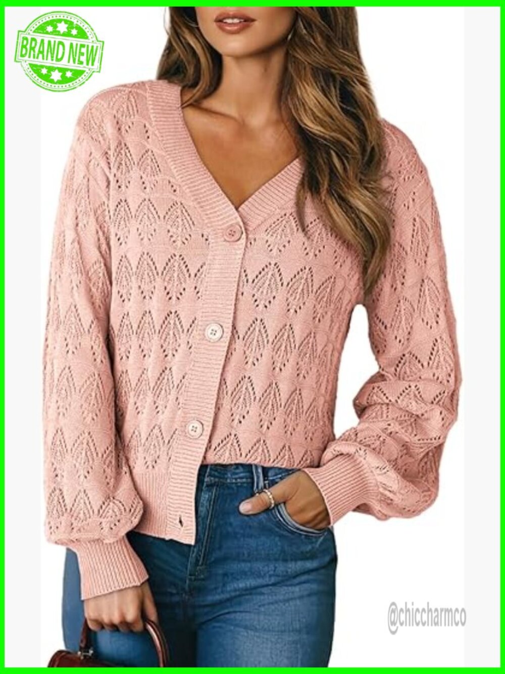 Crochet Knit Open Front Cardigan Lightweight Puff Sleeve V-Neck - Picture 1 of 7